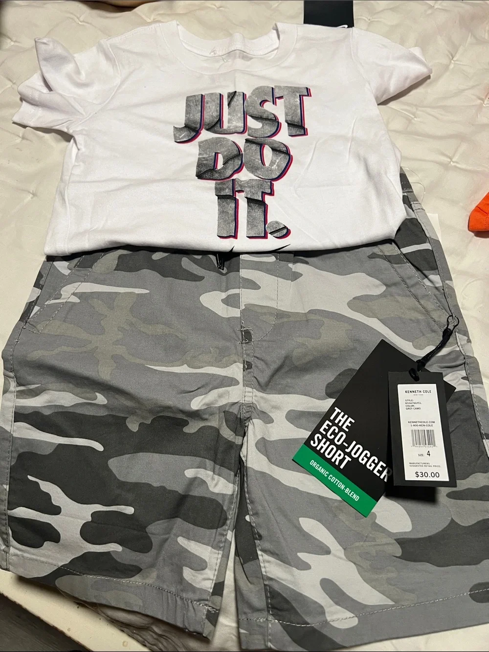 Nike White Tee with Gray Camo Eco-Jogger Shorts